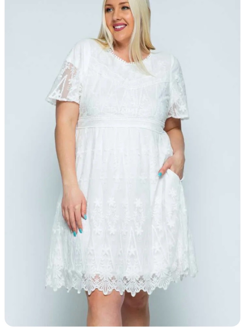 Polagram White Lace Mini Dress with Short Sleeves